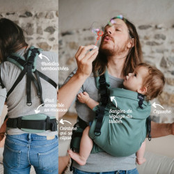 homme avec Porte bébé préformé Néo Plus V2 - Néobulle - Eucalyptus