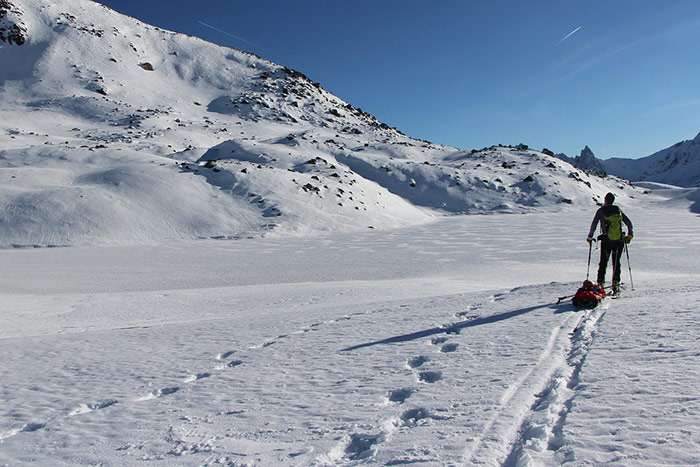 rando nordique avec la pulka au lac long