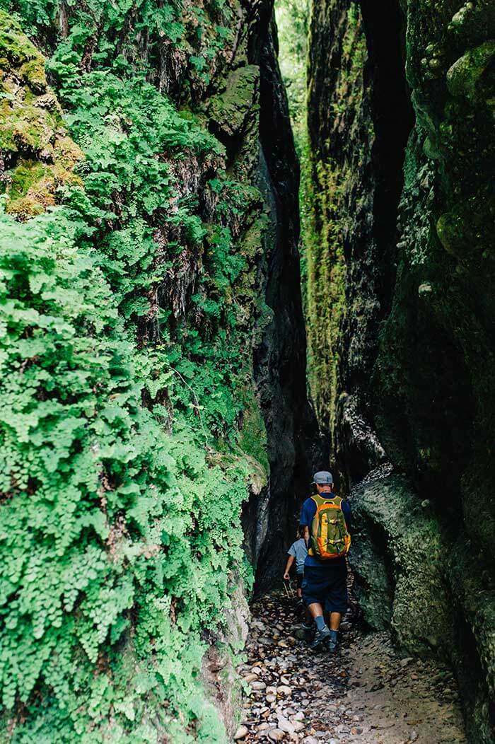 un enfant et son papa traverse au bas des falaises dans le vallon obscur 