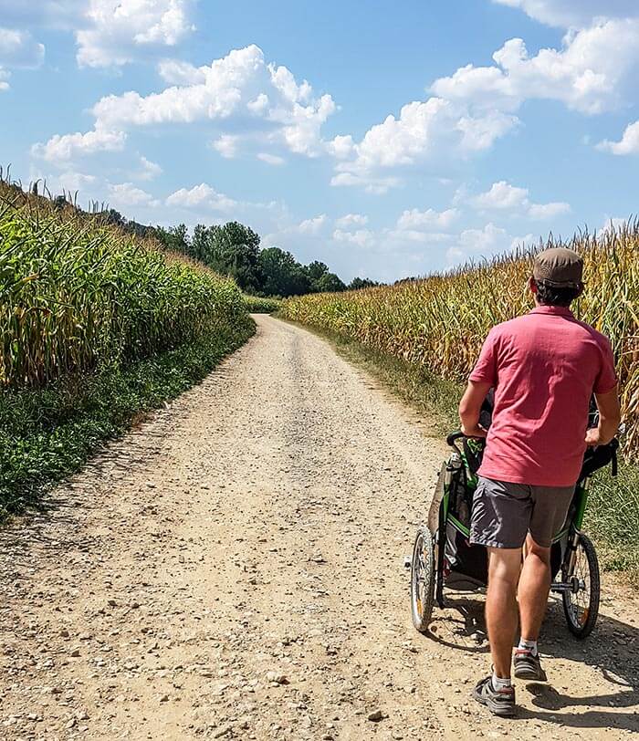 papa en randonnée pédestre avec la remorque sur les chemins à travers les champs de maïs sur l'itinéraire de Saint Jacques de Compostelle