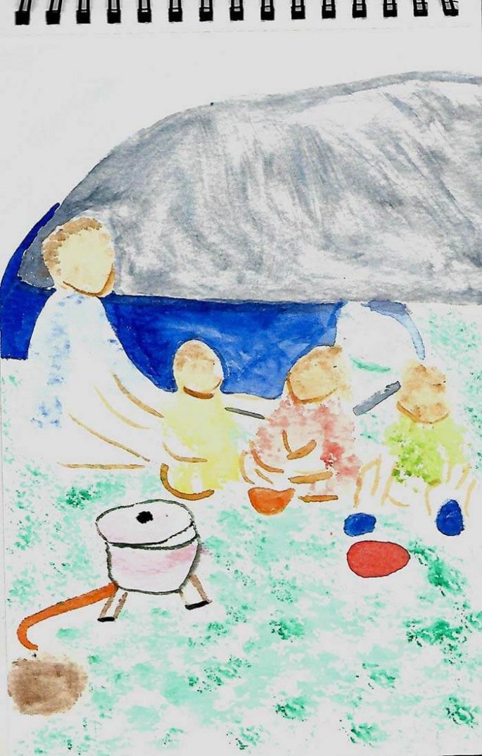 dessin d'une famille en camping devant le lac de narlay